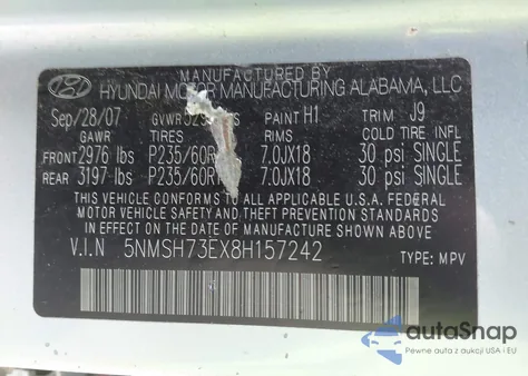 2008 Hyundai Santa Fe Limited/Se из США, поврежденный, VIN 5NMSH73EX8H157242